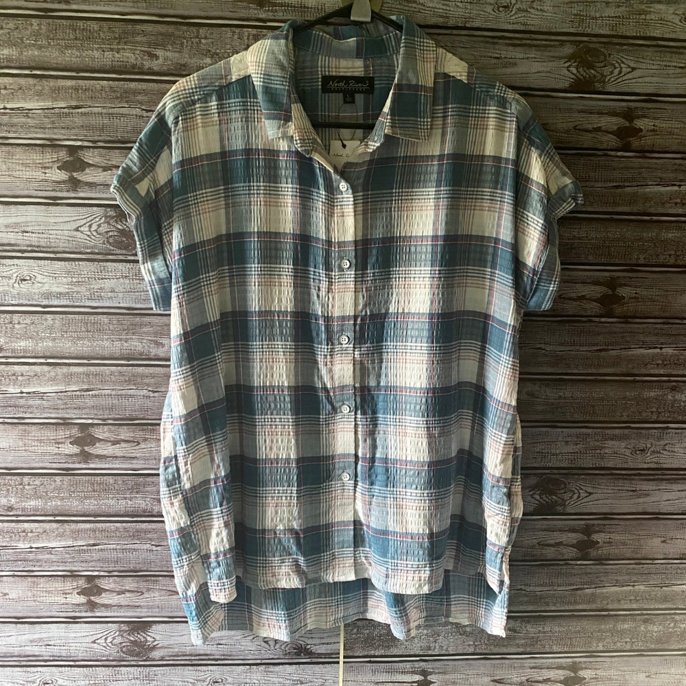 North River Outfitters Women's Short-Sleeved Button-Down Top Size L‎ Plaid NWT